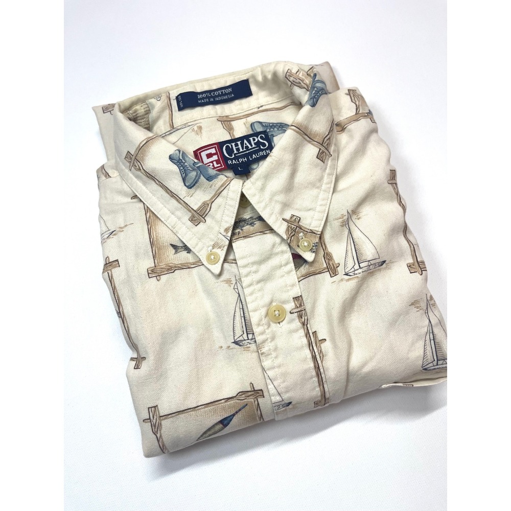 Vintage 90s Chaps Ralph Lauren Fishing Sailboat Print Shirt Mens L Cream Cotton